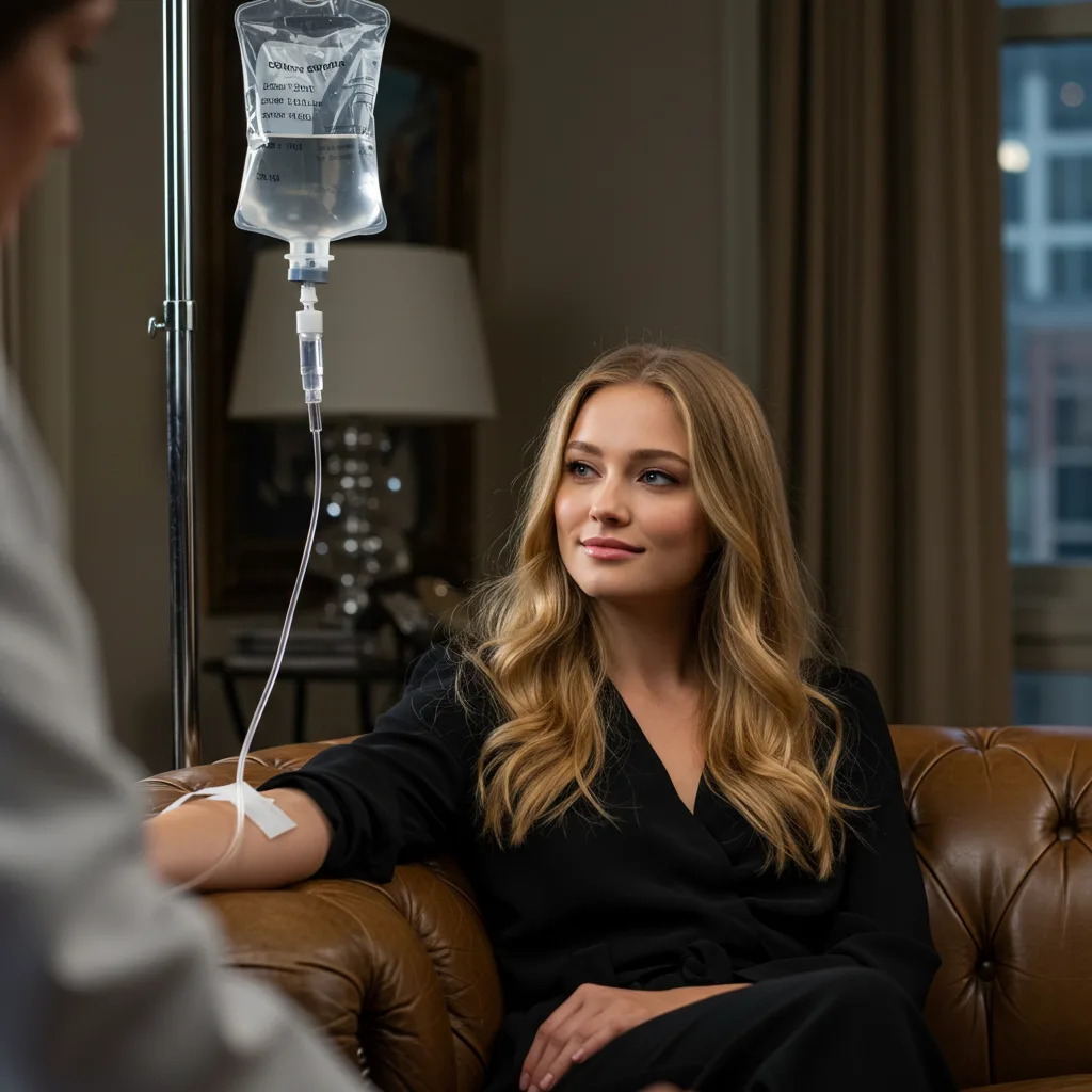 lady who is getting home IV drips for flu lady getting home IV drips and IV therapy in NYC with nurse