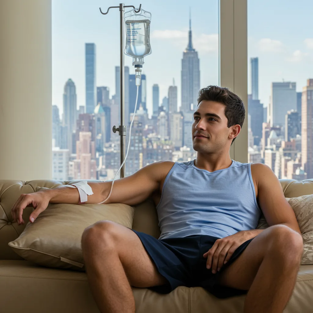 man getting iv hydration a young muscular man getting home iv hydration in nyc by vipsiv.com