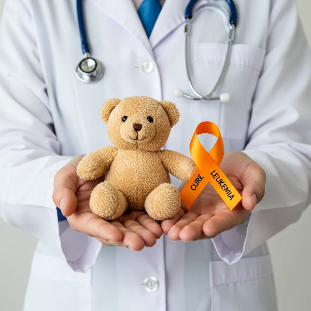 Contact Us 16 picture of doctor holding a teddy bear and ribbon that says cure leukemia which represents that vipsiv.com donates money to St. Jude Children's Research Hospital so that a cure for leukemia is found