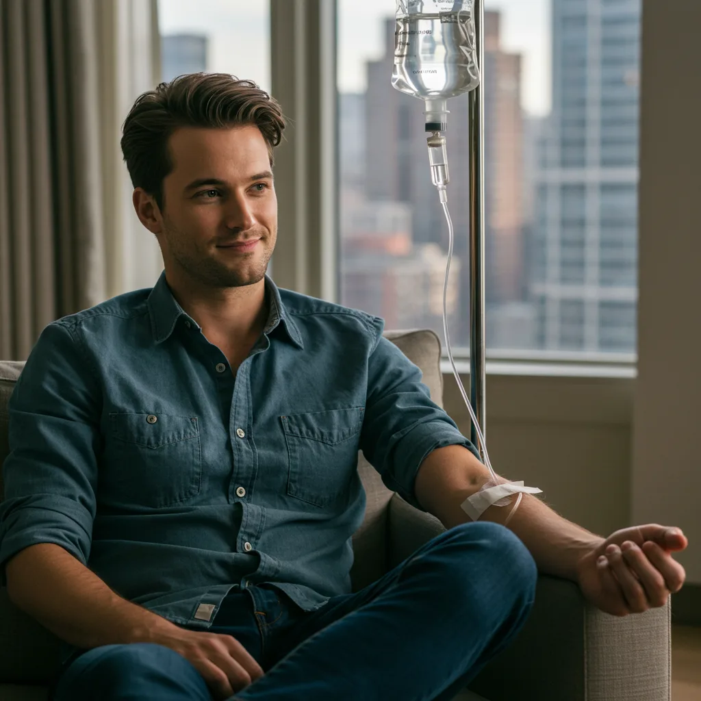 a man getting an IV drip in NYC with vipsiv.com