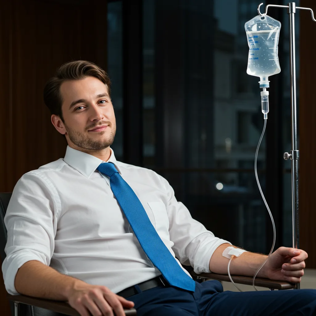 male receiving iv drip hydration therapy in new york city from vipsiv.com a man pleasantly getting iv drip hydration therapy in NYC by vipsiv.com