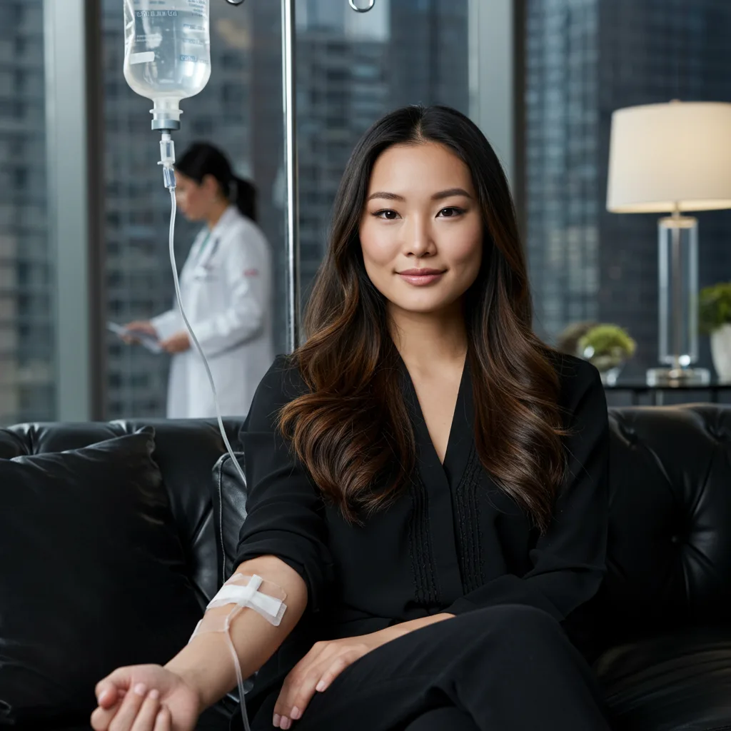 young lady with mobile iv hydration treatment in NYC which is an IV drip that she is getting after making appointment with vipsiv.com