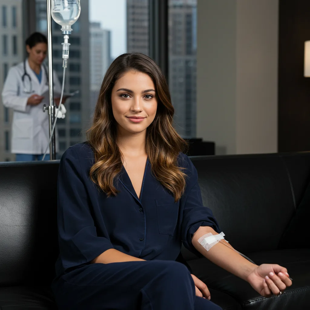 man getting Hangover IV treatment in NYC young lady who is getting mobile iv infusion in nyc after vipsiv.com booking