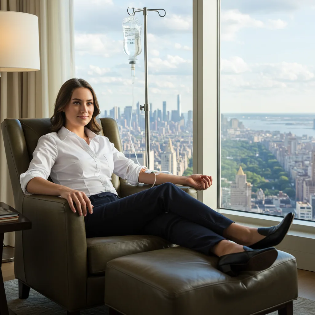 a woman reclining getting mobile iv vitamin infusion in NYC after booking vipsiv.com nurse practitioner