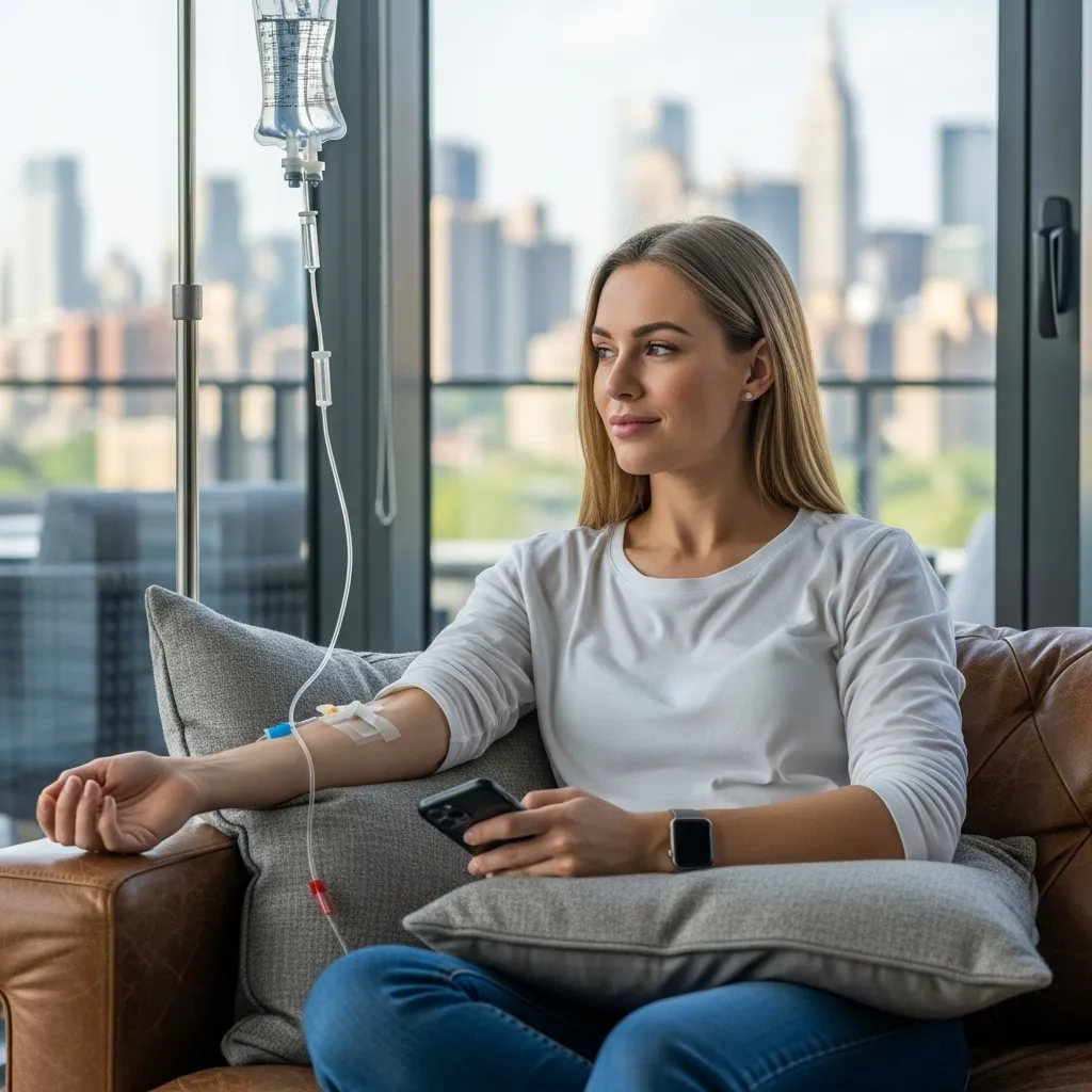 Upper East Side 16 UES woman getting dual pain relief from mobile iv therapy provider vipsiv.com