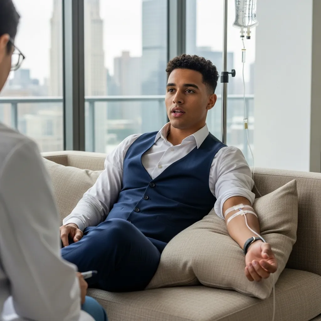 Upper East Side 14 upper east side man getting iv drip for jetlag after landing in NYC airport