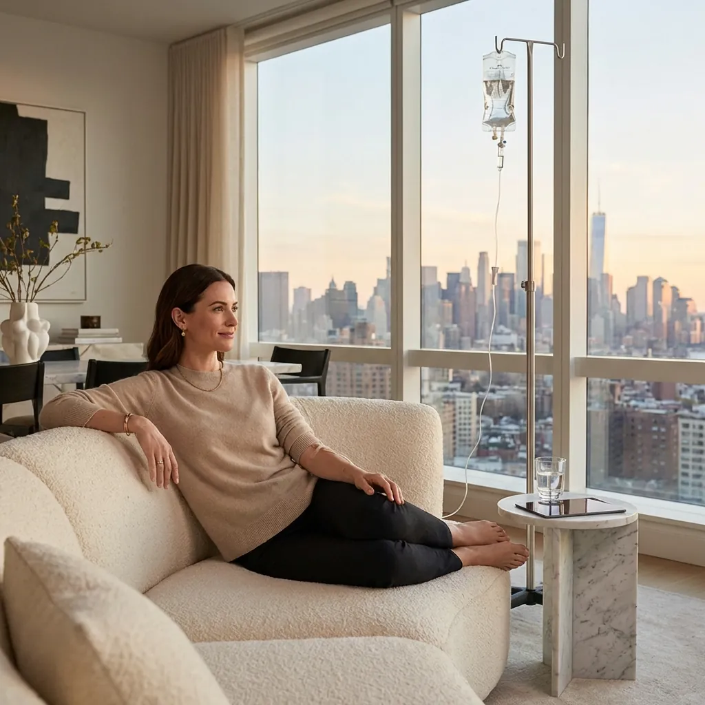 lady getting migraine headache IV drip in Manhattan Valley in upper west side 