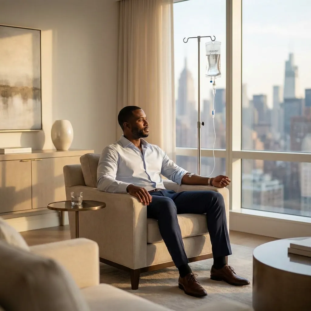 iv hydration for man in upper west side illustration mobile iv therapy given to man who lives in upper west side