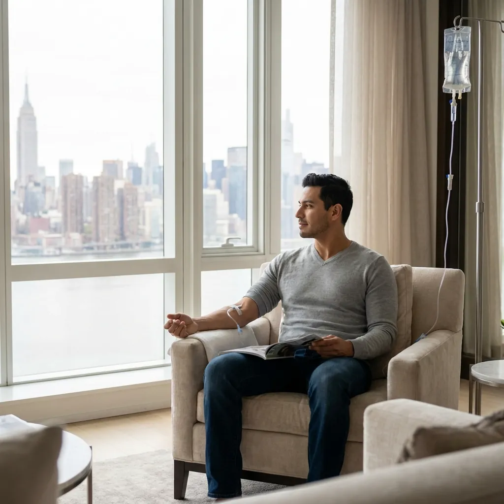 male receiving iv vitamin C infusion and b12 in upper west side location man getting iv vitamin C and B12 in upper west side