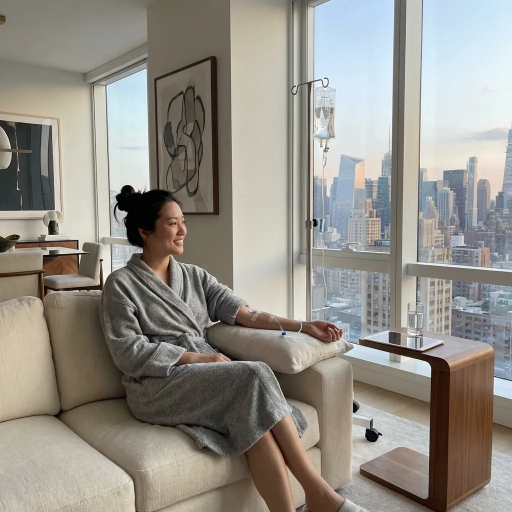 portrayal of female getting IV drip for in Lincoln Square in upper west side