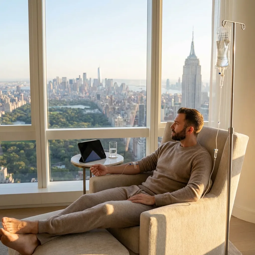 illustration of a man getting hangover IV drip in upper west side 